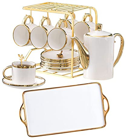 Tasses À Thé Et Soucoupes Set De 21 Pcs, Ensemble De Luxe Avec Théière, Tasses À Café De Thé De L'Après-Midi Avec Support En Métal, Ensemble De Thé En Porcelaine Britannique,Blanc