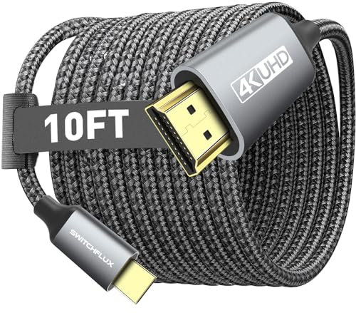 SWITCHFLUX Câble USB C vers HDMI 4K, 3 m, en aluminium de type C vers HDMI, câble tressé haute vitesse, Thunderbolt 3/4, compatible avec MacBook Pro/Air, iPad Pro, iMac, Galaxy, Surface