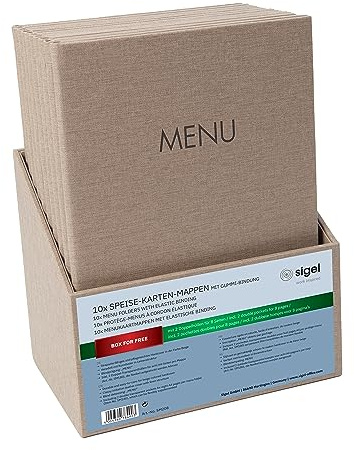 SIGEL Speisekartenmappen A4 mit Gummibindung Beige Set 10 Stück mit Box | SM208, Mit Leinenstruktur, inkl. Aufbewahrungsbox, strapazierfähig und leicht abwischbar