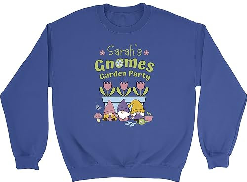 Shopagift Personalised Gnomes Garden Party Kids Sweatshirt Gardening Gardener Gift Jumper Blue