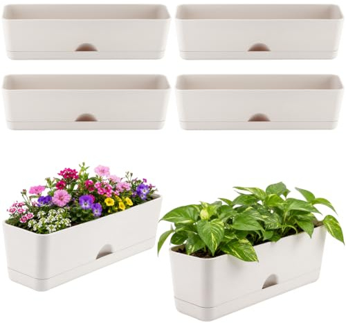 Rechteckige Pflanzgefäße mit Ablauflöchern und Untersetzern, 40,6 x 11,1 cm, rechteckig, große Fensterbank, Pflanzgefäße für den Innenbereich, selbstbewässernde Blumentöpfe mit Drainagelöchern und