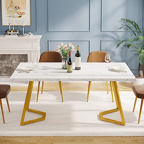 Tribesigns Moderner goldener Esstisch: 140 cm, weißer Esstisch mit goldfarbenen Metallbeinen, künstlicher Marmor, kleiner Esszimmer-Küchentisch für 6 Personen, rechteckiger Esstisch für Wohnung