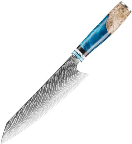 FBITE Ensemble de couteaux de cuisine japonais en acier damas, couteau de Chef en acier VG10, couperet à viande, couteau à pain, manche en résine bleue