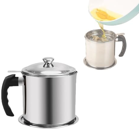 ieron Contenedor de grasa con colador, recipiente de aceite de acero inoxidable de 1,5 L, almacenamiento de grasa con tapa, mango de fácil agarre con malla fina, adecuado para almacenar aceite de