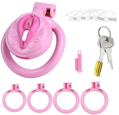 HXLXW Sissy Keuschheitskäfig Cock Cage Gefälscht Frauen Vagina Peniskäfig Chastity Cage mit 4 Cockringe Atmungsaktiver Penis Cage SM Bondage Sexspielzeug für die Männer Extrem