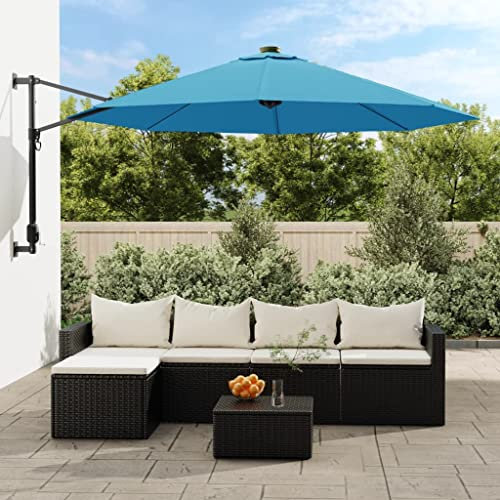 BaraSh Wall-mounted Parasol with LEDs Sea Blue 290cm Garden Parasol with crank handle - Sun Umbrella Parasols Waterproof for Outdoor/Patio/Outside/Balcony - Patio Table Umbrellas/Tilt Function