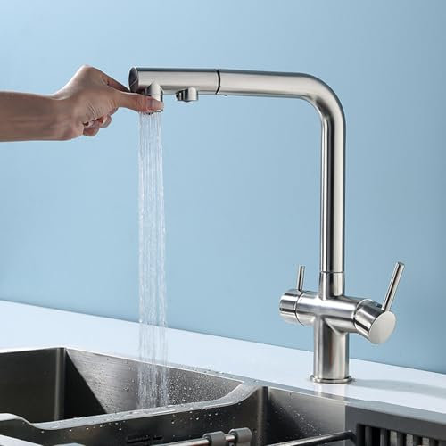 3 Wege Wasserhahn Küche Ausziehbar mit Brause Küchenarmatur Drehbar 3 in 1 Einloch Messing Mischbatterie Küche 3 Wege-Gebürstet