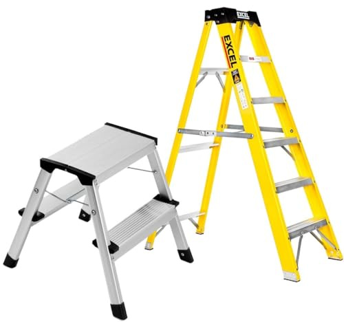 Excel Heavy Duty Fiberglass 5 Tread Ladder with 2 Step Hop Up Ladder