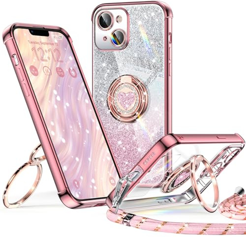 XYZ iPhone 13-fodral med dubbelt stativ, lyxigt hjärta design med snodd för kvinnor och flickor, glänsande glittrande skyddsfodral, rosa