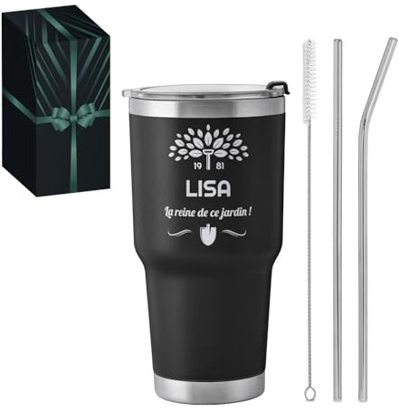 Maverton Mug Isotherme Noir 800 ml en Acier Inoxydable avec Brosse de Nettoyage - Gobelet avec Paille et Couvercle gravé - Cadeau Anniversaire Femme - Idee Cadeau Femme Jardin