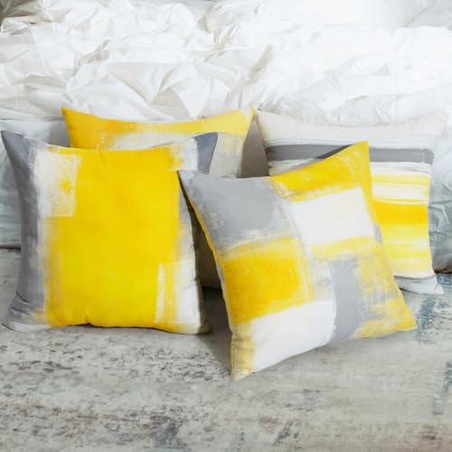 Betadistor Cushion Covers 45 x 45 cm Set of 4 Yellow Grey Abstract Art Paintings Decorative Square Throw Pillow Cases Country Style for Sofa Couch Livingroom Home Decor, Yellow Grey, 509-0175