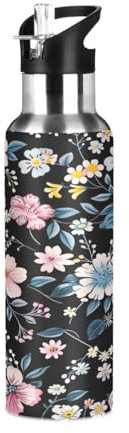 Waassud Water Bottle Vintage Floral Pattern Insulated Water Bottle Stainless Steel with Straw Sports Water Bottle bike Water Bottle 22 oz