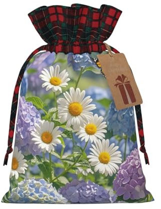 HQaxsfQxnr Weihnachts-Geschenktasche mit Kordelzug, Geschenktasche für Weihnachten, Hortensien, Gänseblümchen, Schmetterlinge, Geschenktasche für Weihnachten, Leinen-Wickeltasche,