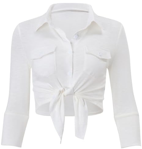 YiZYiF Women Tie Front Blouse Crop Top Long Sleeve Turn-Down Button Casual Shirt Tops Short White S