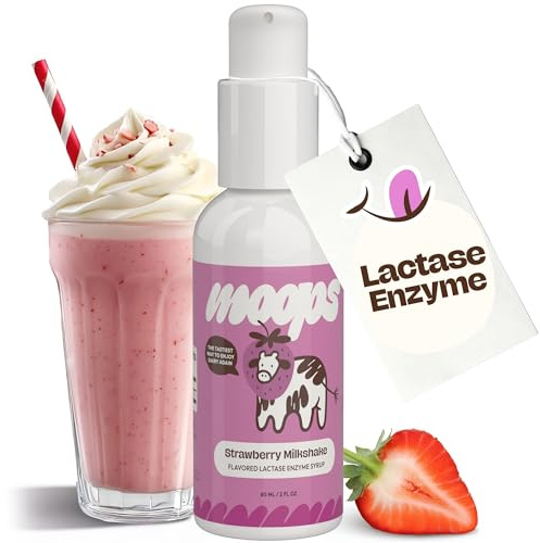 Moops Liquid Lactase Enzyme Syrup 2oz – Delicious Strawberry Milkshake Flavor – 10,000 FCC Units for Fast Acting Dairy Relief – Customizable Dose for Lactose Intolerance – Portable Twist-to-Lock Pump