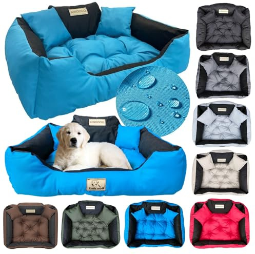 KING DOG Lit pour Petits Chiens S 55 x 45 cm Personnalisable avec Nom Coussin Imperméable Déhoussable Lavable Canapé Confortable Moelleux Douillet Antidérapant Fabriqué en UE Couleur Bleu