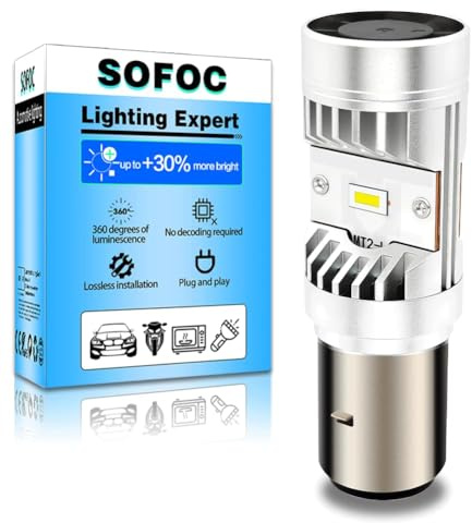 SOFOC BA20D Glödlampa S2 Inbyggd Kylfläkt 5000LM LED Motorcykel Vit 6V 12V 24V Kompatibel Med 6-24V AC/DC 15W CSP Super Ljusare 1Pcs