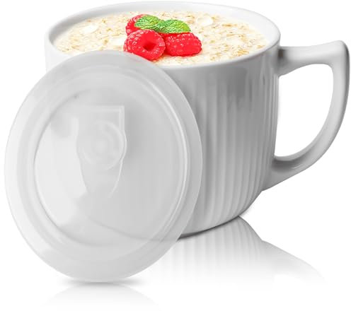 GOMETY Bol à soupe en céramique avec anse - 900 ml - Pour micro-ondes - Avec couvercle - Grande tasse à café - Pour déjeuner, pâtes, fruits, céréales Blanc