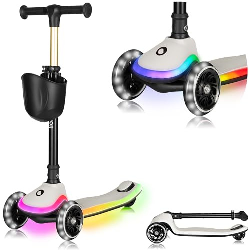 LIONELO MEY Trotinette d'Équilibre Scooter pour Enfants de 3 Ans à 50 kg, Trotinette Trois Roues avec Réglage de la Hauteur, Plateforme Antidérapante Éclairée et Roues LED, Panier (Beige)