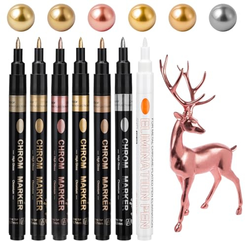 Teokantz 7 Stück Acrylstifte Metallic, 6 Farben 0,7mm Permanenter Chrome Marker Spezialtinte, Wasserfester Goldstift für Graffiti Maniküre Metall Glas Färbung des Modells