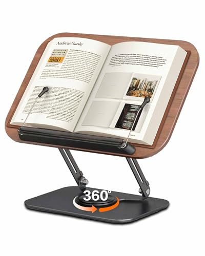 Book Stand for Reading, Adjustable Book Holder with 360° Rotating Bases, Foldable Designs, and Elastic Clips, Multifunctional Display Stand for Recipe, Cookbooks, Magazines, Tablets, Laptops