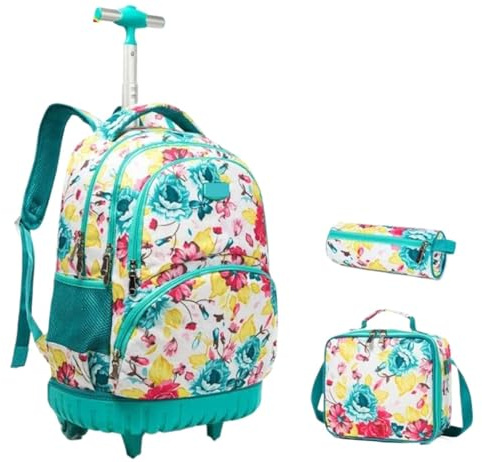 SNGUOQ Schulranzen Mit Rollen Kinder Schulrucksack mit Rollen Schultrolley-Rucksack Schultrolley-Taschenset Mädchen Schulrucksack mit Rollen(Green)