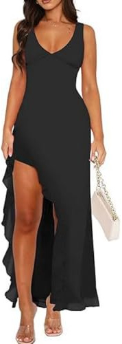 XFSRG Vestito Donna Sexy Spacco Maxi Lunga Scollo a V Elegante Estivo Senza Maniche Orlo a Volant Abito per Sera Festa Cocktail(Nero/L)
