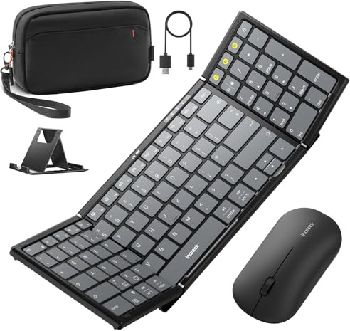 Inateck Wireless Foldable Keyboard and Mouse Set, 3 Bluetooth Channels Folding Keyboard with Numeric Keypad for Travel, with Stand and Accessory Bag, for iPad/iPhone/Mac/Android/Windows, Nomad N0158