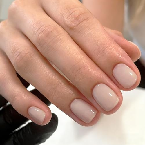 24 stycken naglar att klistra på kort, fyrkantig naken hudfärg enfärgad glänsande falska naglar konstgjorda naglar med nagellim, glänsande ren färgpress på nails, full täckning konstgjorda naglar för