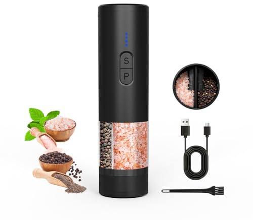Electric Salt and Pepper Grinder Set, 2 in 1 Dual Bins USB Rechargeable Refillable Automatic Salt and Pepper Mill Shaker with LED Light, Dual Ceramic Grinder Adjustable Coarseness, kitchen gift, Black