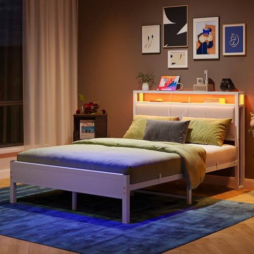 FOUBAM 4FT6 Small Double Bed Frame with Storage Headboard, White | Metal Double Bed with Upholstered Headboard, LED Lights and Charging Station, Heavy Duty Metal Slats Support,Easy Assembly