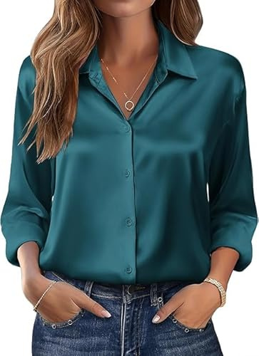 Beyove Damblus, satin, silke, V-ringade skjortor, eleganta, långärmade affärstoppar med knappar, toppar, lös långärmad skjorta, Grön, XXL