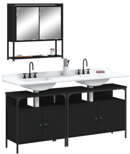 Bucmath 3-TLG. Badmöbel-Set Schwarz Holzwerkstoff, 80x30x60 cm Waschbeckenunterschrank, Spiegelschrank, Feuchtigkeitsbeständig, Modernes Design