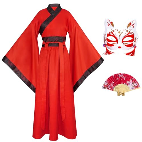CRFASIBE Hanfu Femme, Costume Traditionnel Chinois avec Accessoires, XL/3XL | Ensemble de Hanfu Brodé, Déguisement avec Masque et Éventail Pliant, Coffret Cadeau, ideal pour Carnaval, Cosplay, Fêt