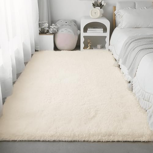 HONQGAO Teppich Kunstfell 60 x 160 cm Kuscheliger Flauschiger Hochflor Teppich Moderner für Terrasse Und Garten, Creme Farben