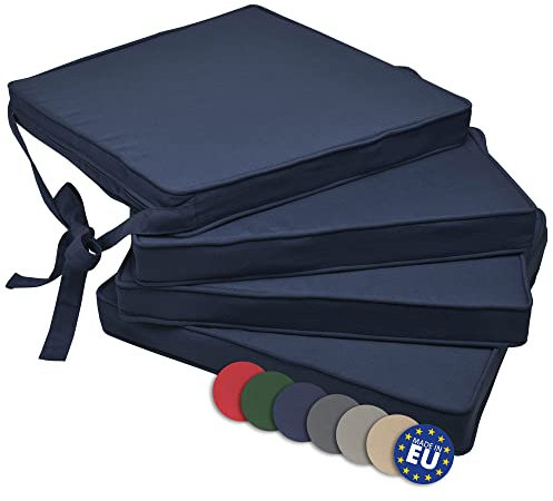 Beautissu Loft SK Stuhlkissen 45x40 cm Blau - 4er Set Stuhlpolster mit Bändern Sitzkissen für Stühle, Sitzpolster Set rutschfest mit Befestigungsbändern Sitzauflage Polsterauflage