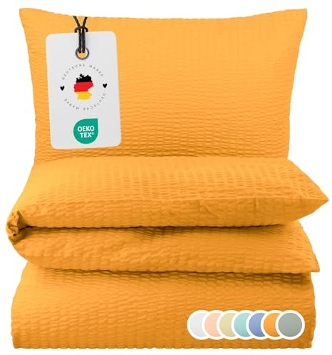 Carpe Sonno Seersucker Bettwäsche 155x220 cm Baumwolle – Orange bügelfrei | Kühlende Sommerbettwäsche mit Reißverschluss, bügelfrei | Deckenbezug + Kissenbezug 80x80 | ganzjährig, pflegeleicht