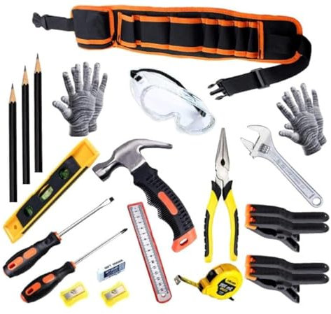 QeeHeng Echtwerkzeug für Kinder | 22-teiliges Werkzeug-Set aus robustem Metall | Echtem Werkzeuggürtel | DIY Werkzeug für Jungen & Mädchen ab 6 Jahren | Für echte Holzbearbeitung