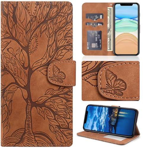 Aisenth Handyhülle für iPhone 13 Magnetische Klapphülle mit Kartenfächer | Baum Muster,Standfunktion,Kartenfächer,PU Leder,2 Kartenfächer+Geldfach+Handschlaufe,Stoßfeste,Magnetische,Braun