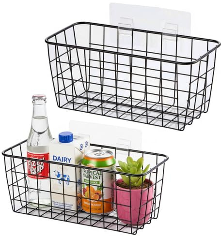 Black Hanging Wall Baskets,inside cabinet door organizer,Adhesive Wire Wall Storage Baskets for Pantry and organizer, Kitchen onion Food photo Bathroom,No Drilling Wall Mounted Basket,2 Pack