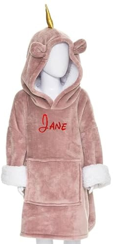 KDO MAGIC Couverture à capuche personnalisée - plaid sweatshirt personnalisable - Prénom brodé - Ourson ou licorne - Taille unique 3 à 10 ans - Cadeau Noël enfant, garçon, fille (Licorne)
