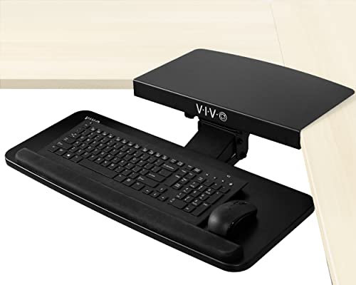VIVO Vassoio regolabile per tastiera e mouse con connettore angolare, ergonomico sotto il tavolo da lavoro per postazioni di lavoro a L, ripiano sottoscocca nero, MOUNT-KB03B-C