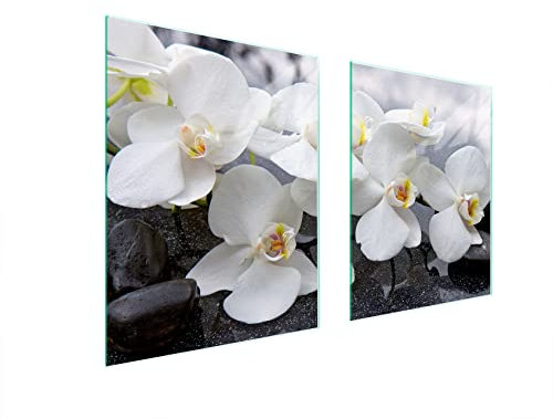 DarHaus Herdabdeckplatten 85x52 Tweiteilig Glas Elektroherd Induktion Herdschutz Spritzschutz Glasplatte Deko Schneidebrett, Orchidee Weiß