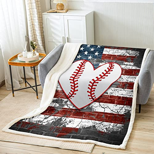 Coperta da baseball, con bandiera americana, per bambini, ragazzi e ragazze, decorazione per la stanza, con cuore bianco, con stampa di baseball, coperta per divano e divano, in pile morbida e