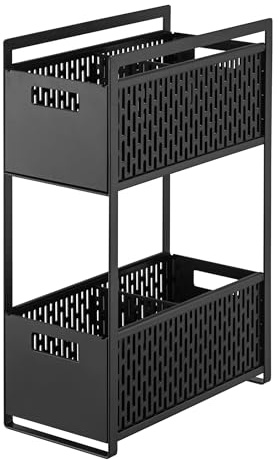 YAMAZAKI 5219 TOWER 2Tiered Storage Basket Set, black, ABS Resin / Steel / Silicone, 16 x 32.5 x 46 cm