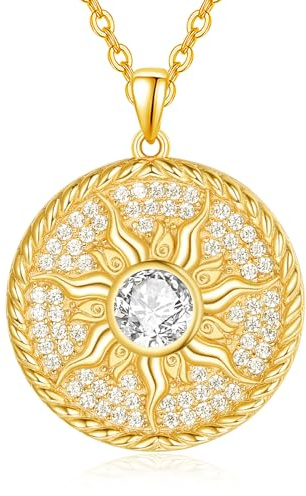 AENEAS 14 Karat vergoldete Sonnen-Halskette für Damen, 925er-Sterlingsilber, Geburtsstein, Sonne, Münze, Halskette, Sonnenschmuck, Geschenke für Frauen und Mädchen, Sterling Silber, Diamant