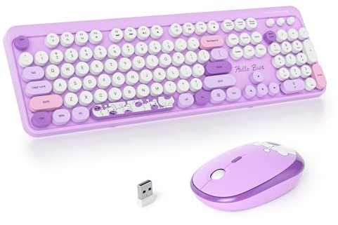 SOLIDEE kabellose Tastatur- und Maus-Kombination,Retro-Schreibmaschinen-Tastatur,2.4GHz runde Tastenkappe Tastatur mit Ziffernblock,104 Tasten ergonomische(Amerikanisch QWERTY)(Bear Purple)