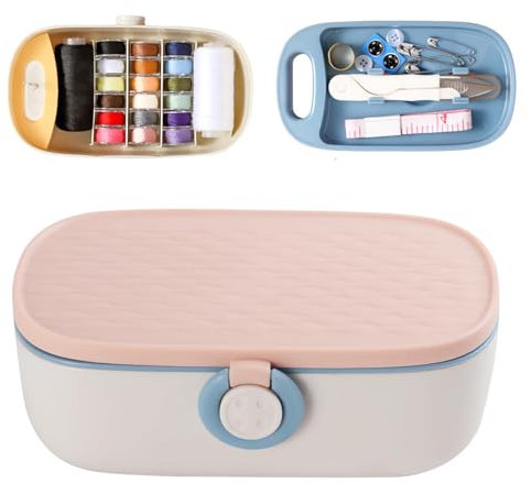 Kit da cucito portatile con scatola portaoggetti, custodia essenziale da cucito con scomparti e accessori per uso domestico e di emergenza, rosa