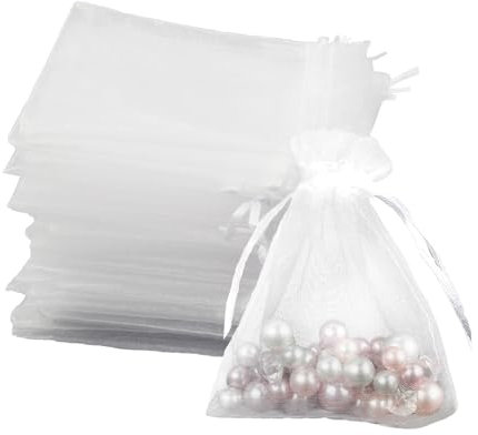 Leylve 100 Stück Organzasäckchen, Organzabeutel, 7 x 9 cm, Geschenkbeutel, Schmuckbeutel, Hochzeit-Säckchen, Lavendelsäckchen-Säckchen, Hochzeitsbevorzugung, Festivalparty, Satin-Kordelzug(Weiß)