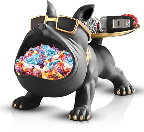 Fransk bulldog-figurer staty, bulldog bricka dekoration, hund skulptur nyckelskål för vardagsrum, entré, kontor, skrivbordsdekoration (svart)